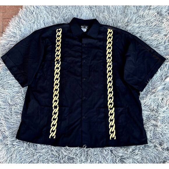 Y.A. Bera Linen Blend Black Lux Gold Cuban Links Guayabera XXXL Button Shirt - Picture 1 of 10
